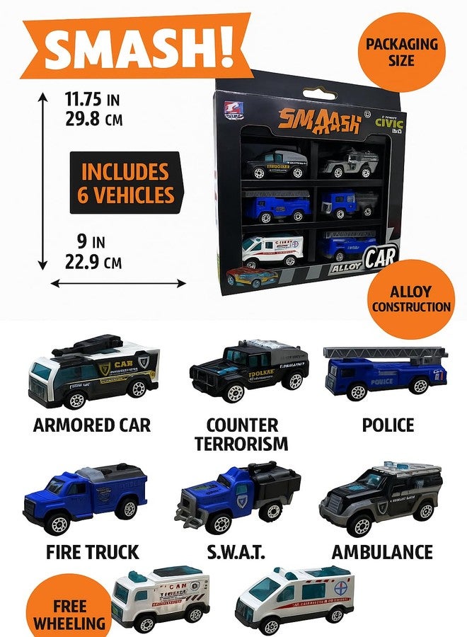 FUN4YOU Die-Cast Emergency Vehicle Set, 6 Metal Toy Cars, Police, Ambulance & Fire Trucks with Pull Back Action, Ages 3+ - Image 4